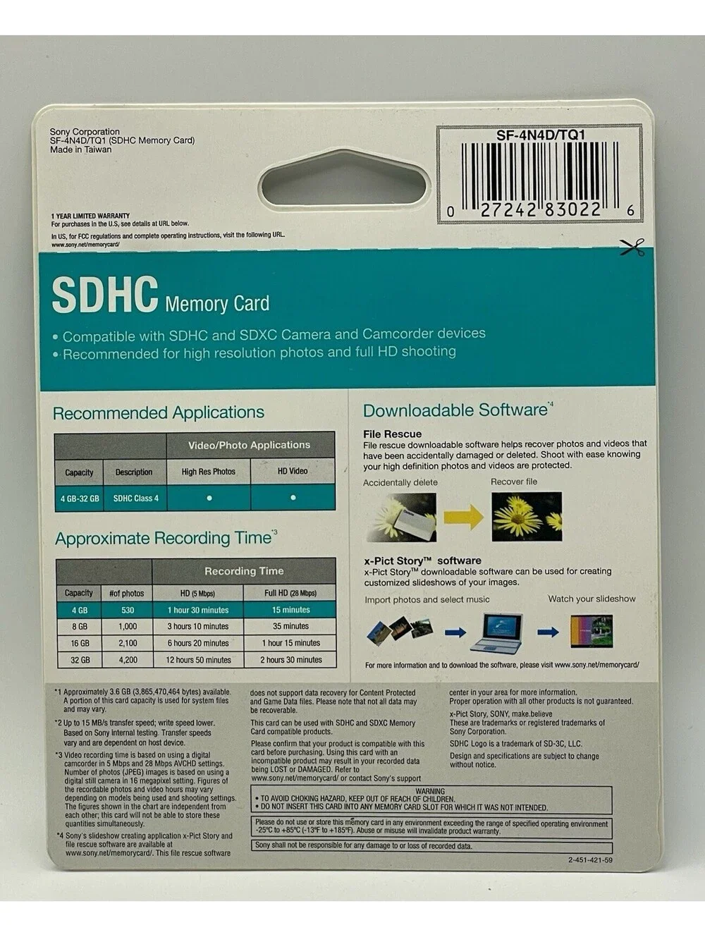 Sony 4GB SDHC Memory Card 2-Pack (SF-4N4D/TQ1) Class 4 - Sealed New Old Stock